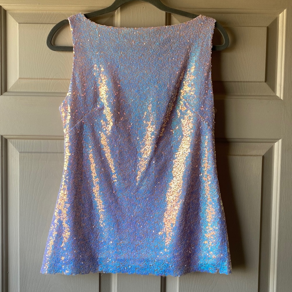 Eva Franco • Holographic Iridescent Sequin Boatneck Fitted Tank Top • S